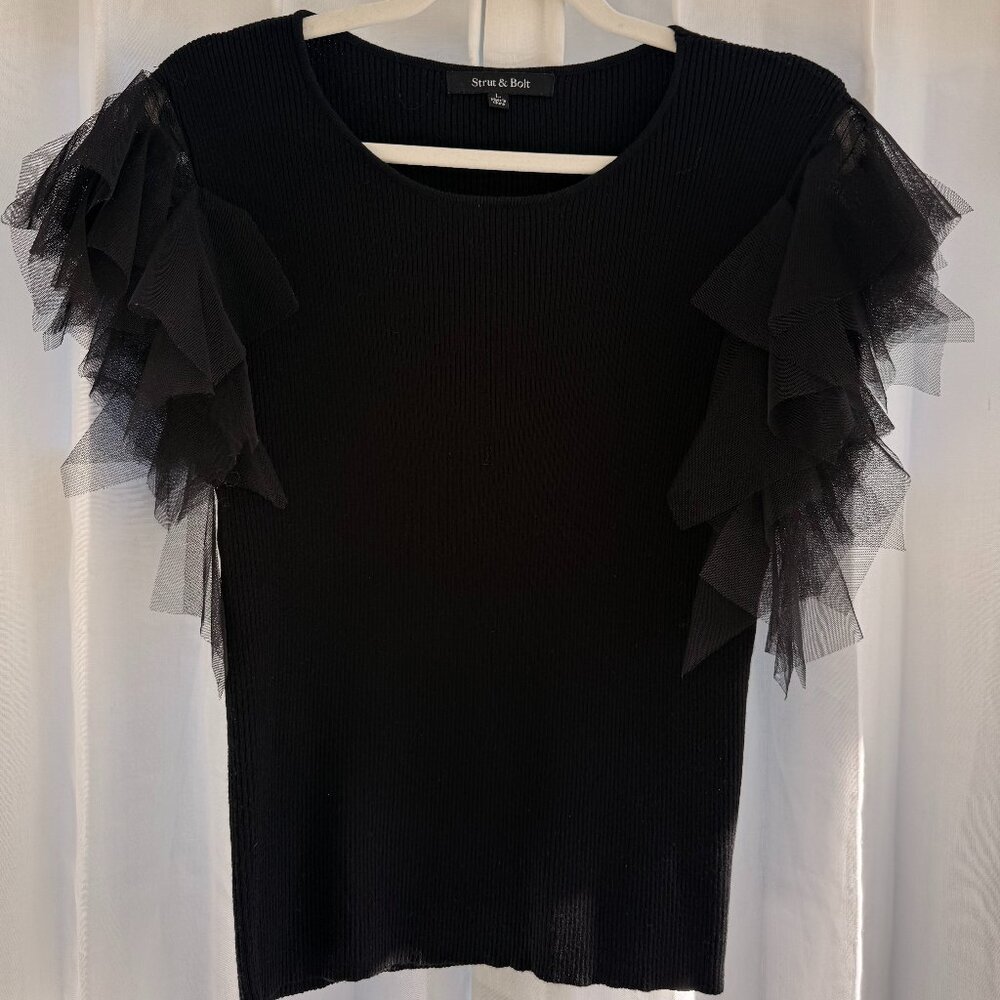 Black Sleeveless Ribbed Tank Shirt with Black Tulle Embellishment